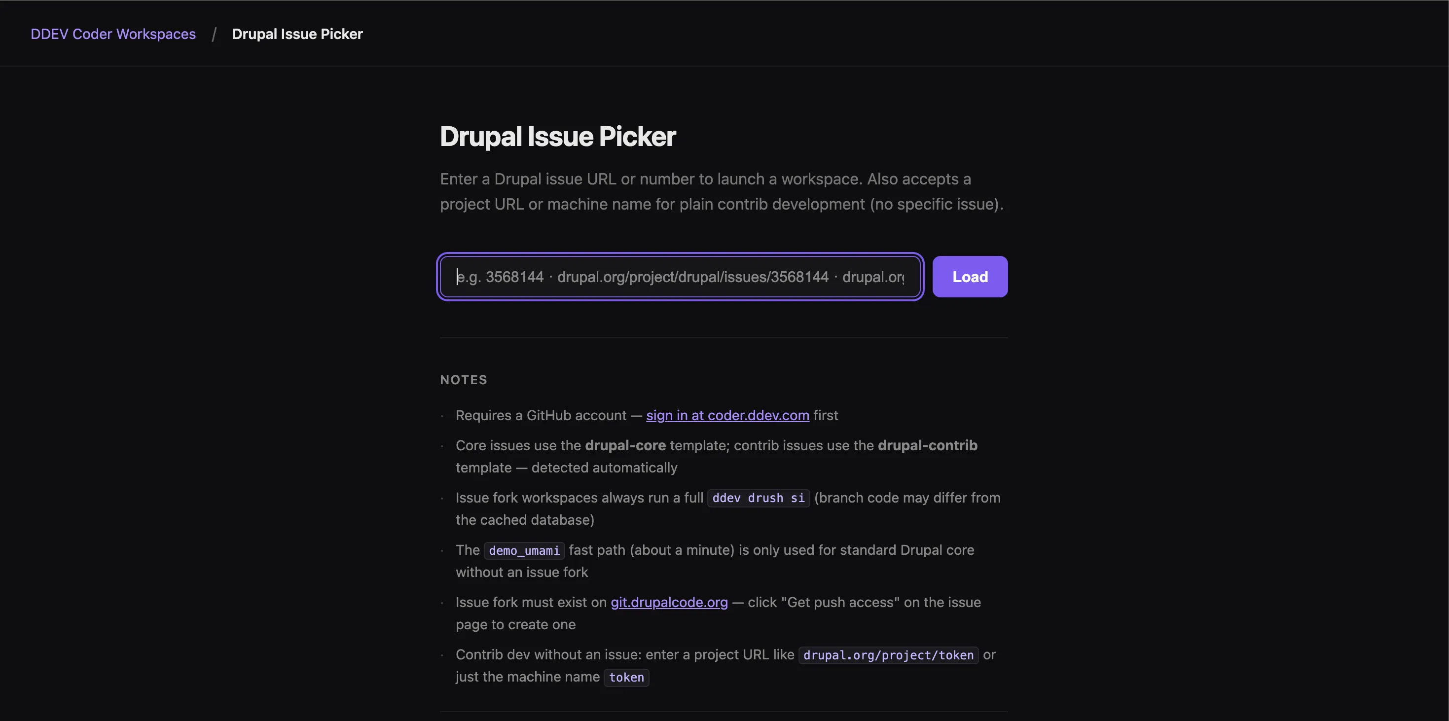 Drupal Issue Picker — enter an issue URL or number to launch a pre-configured workspace